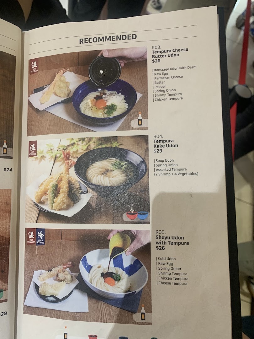 Menu page for Udon Shin Singapore