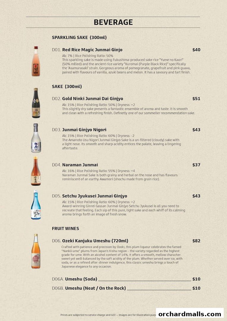 A menu page from Udon Shin Singapore featuring various sake and fruit wines with descriptions and prices.