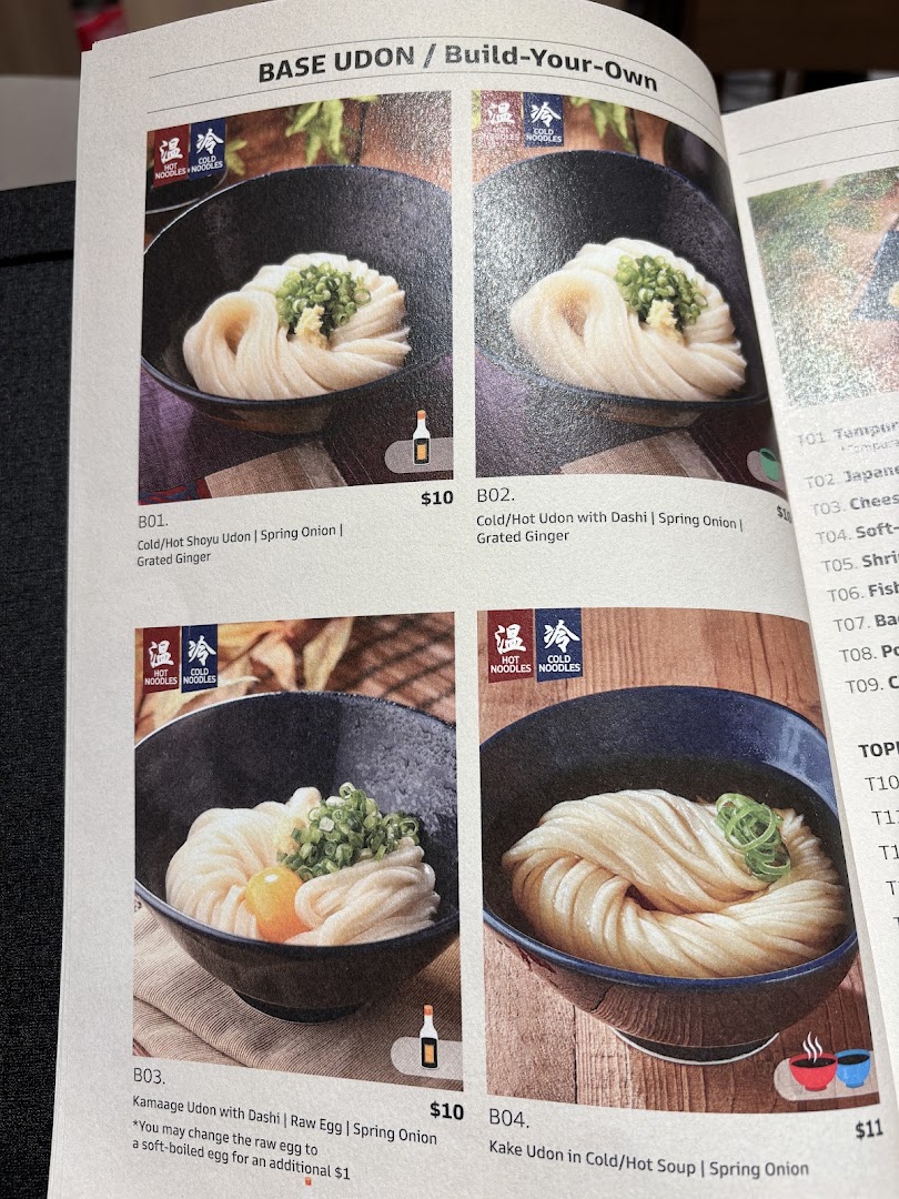 Menu page for Udon Shin Singapore