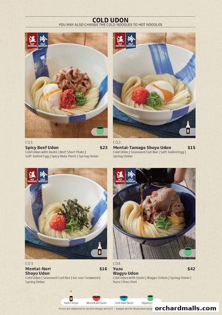 A menu showcasing four different cold udon dishes with detailed descriptions and prices.