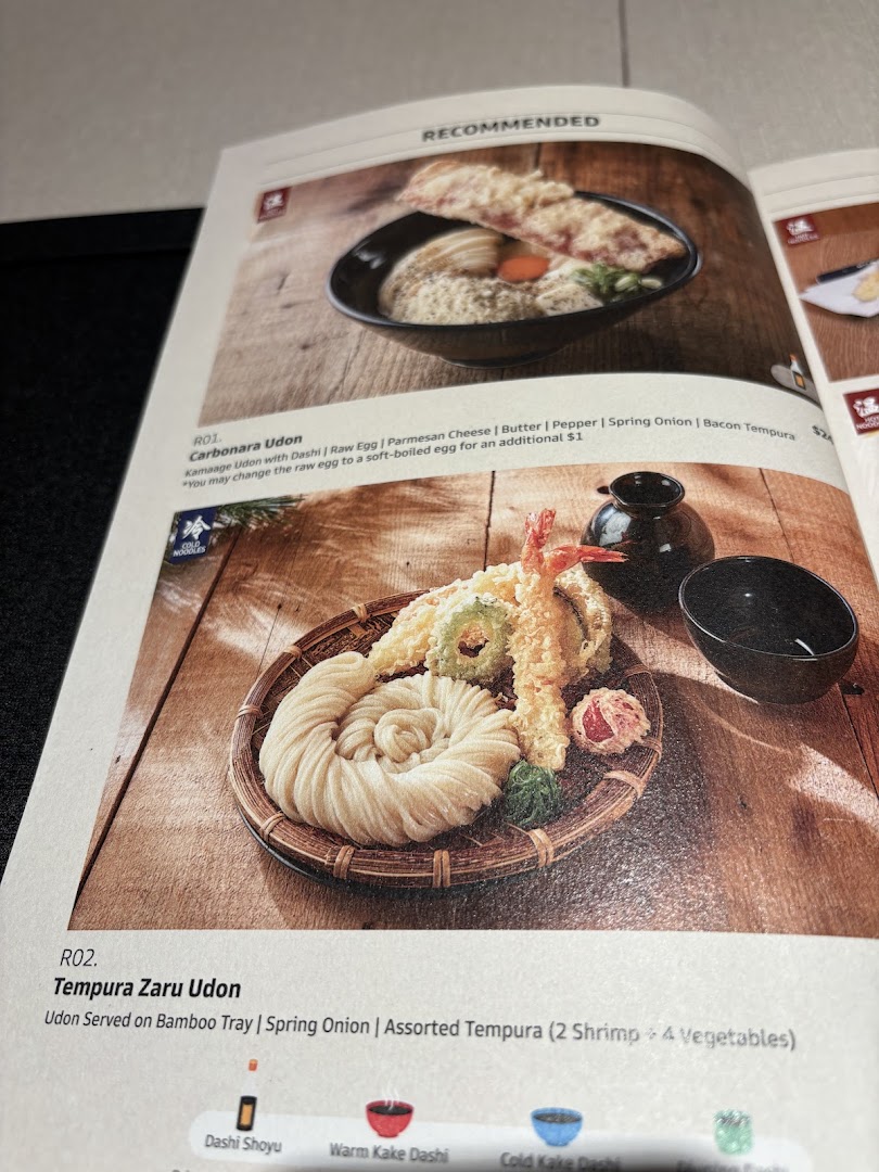 Menu page for Udon Shin Singapore