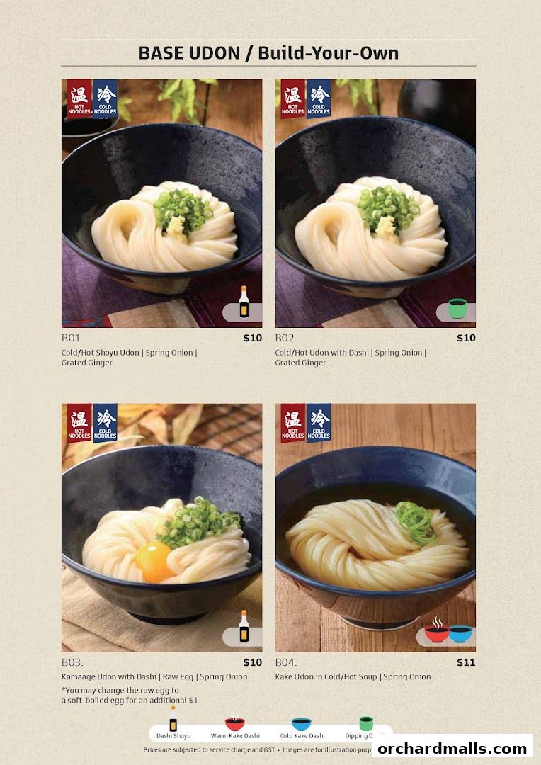 A menu showcasing various udon dishes with prices and descriptions.