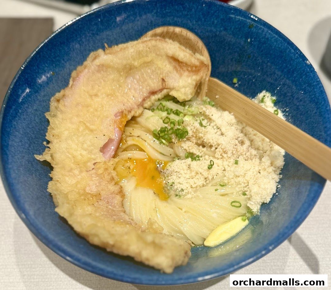 A close-up of a delicious bowl of udon noodles with tempura and a runny egg yolk.