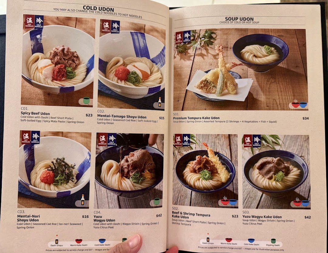Menu page for Udon Shin Singapore