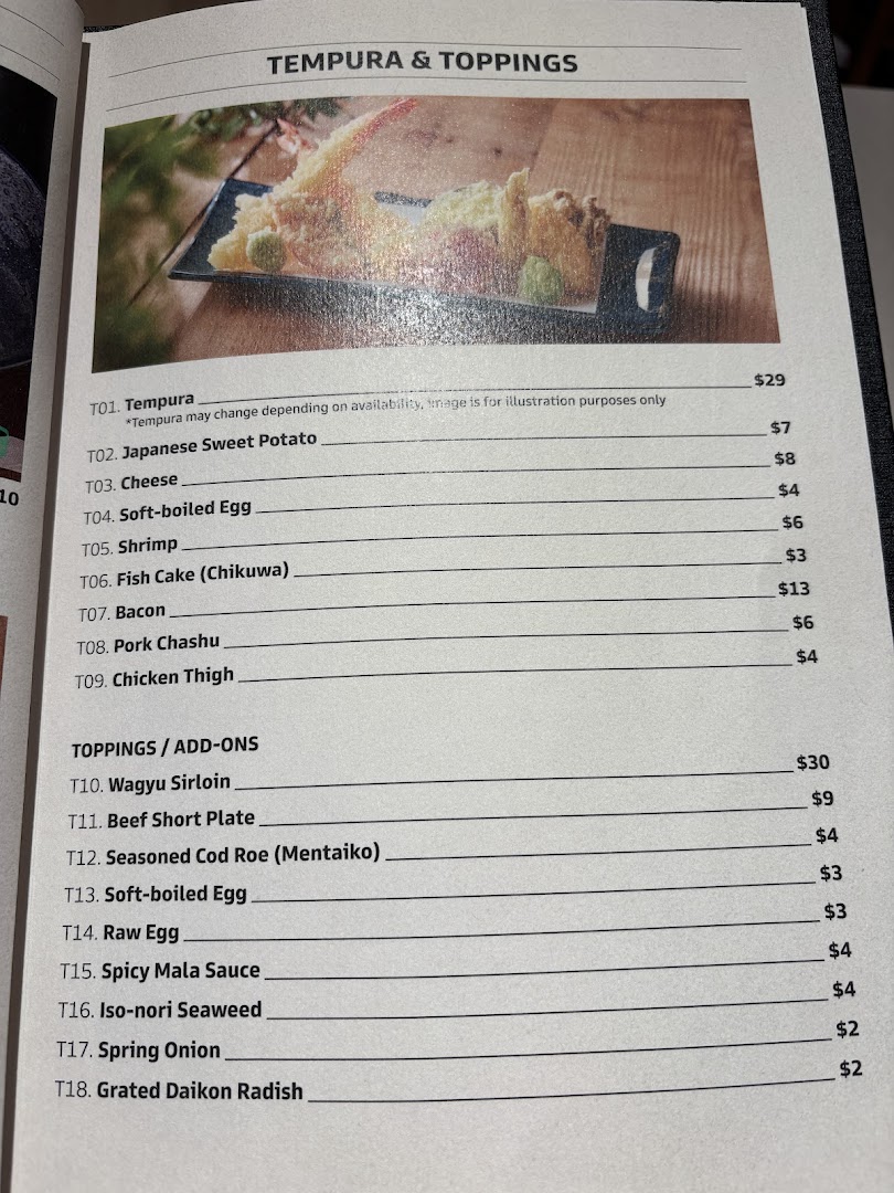 Menu page for Udon Shin Singapore