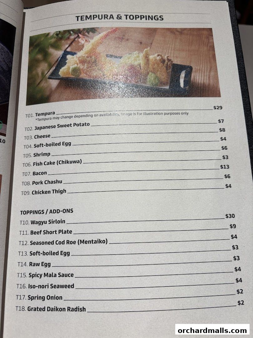 A menu page displaying tempura and toppings with prices.
