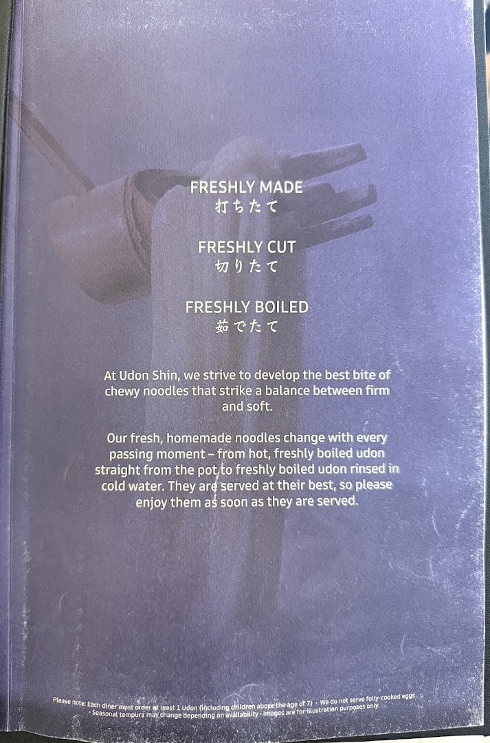 Menu page for Udon Shin Singapore