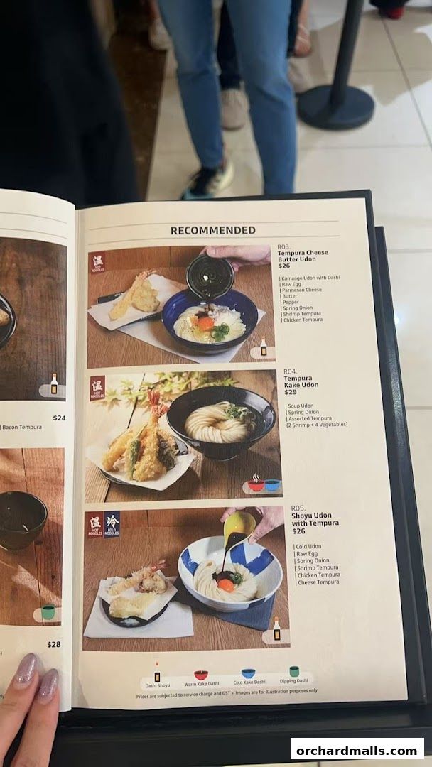 A menu from Udon Shin Singapore showcasing recommended udon dishes with tempura.