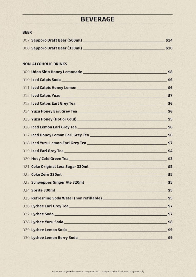 Menu page for Udon Shin Singapore