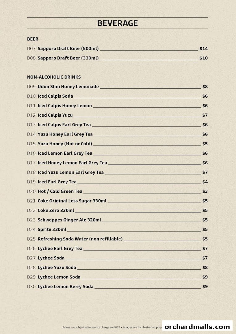 A menu featuring a variety of beers and non-alcoholic drinks with prices.
