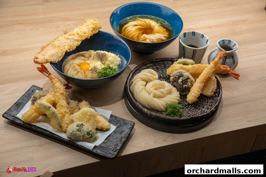 Delicious udon noodles and tempura served in bowls and on platters.