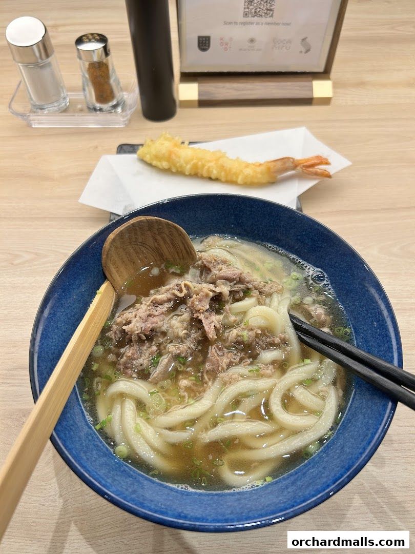 A steaming bowl of beef udon noodles with a side of tempura shrimp.