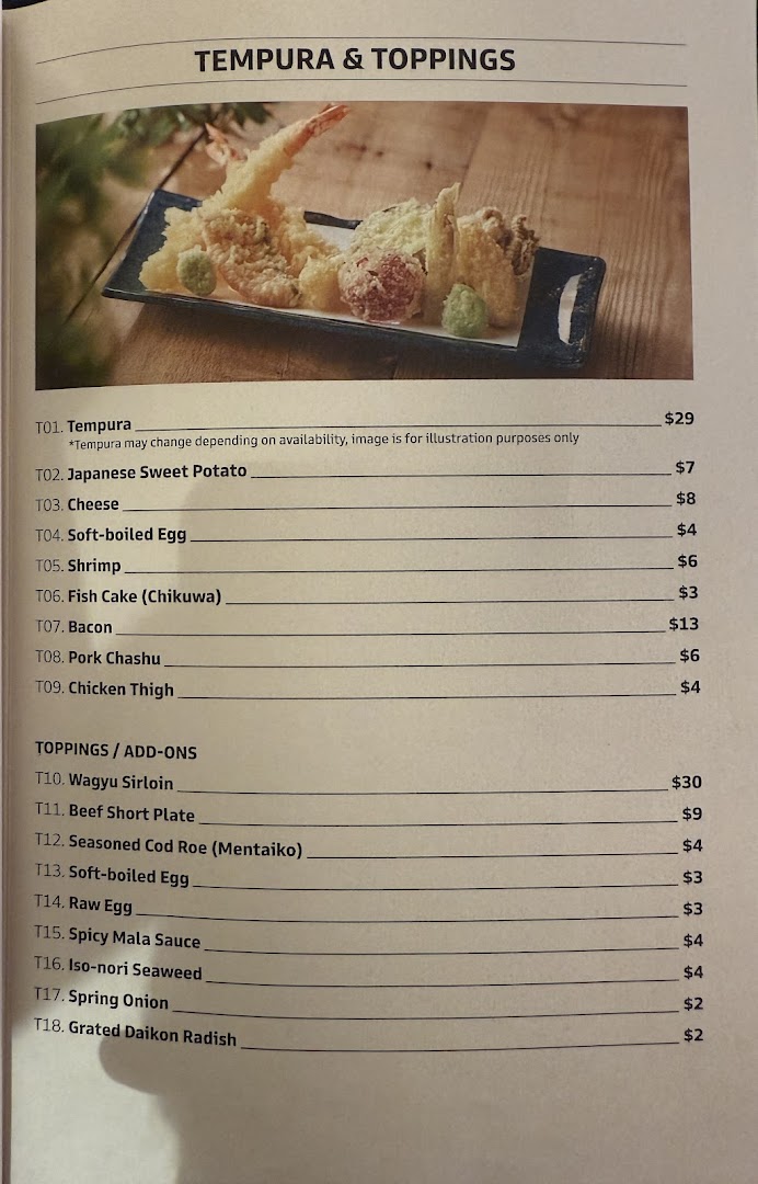 Menu page for Udon Shin Singapore