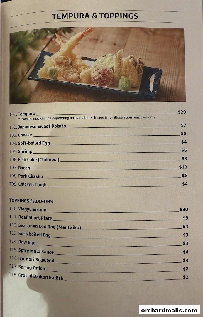 A menu page displaying tempura and toppings with prices.
