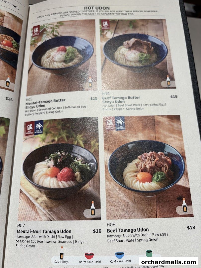 A menu page showcasing various hot udon dishes with images and descriptions.