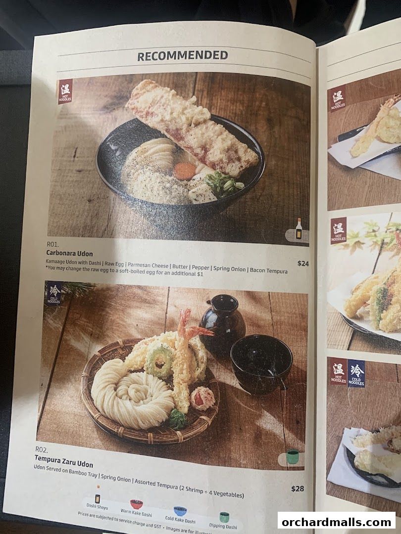 A menu page from Udon Shin Singapore featuring recommended udon dishes.