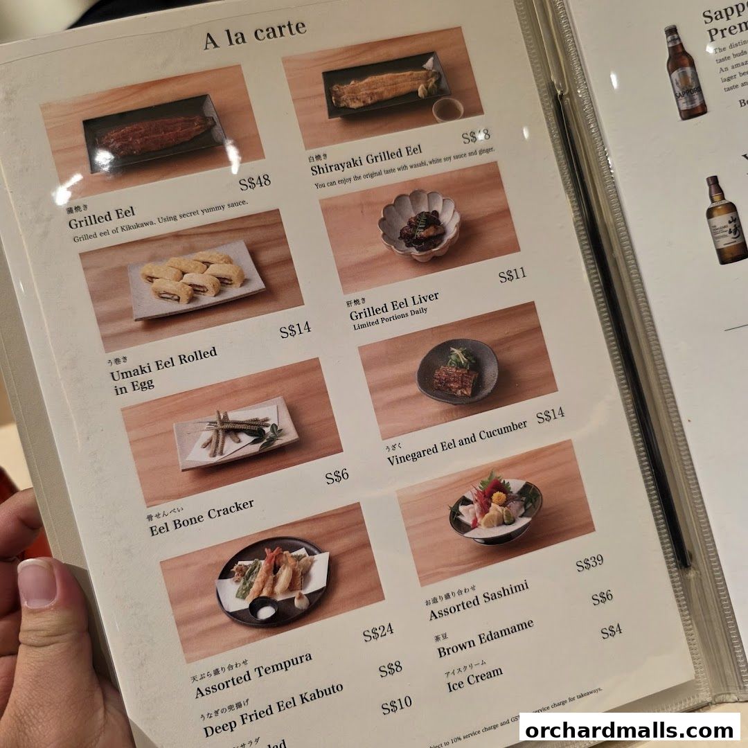 Menu page for Unagi Yondaime Kikukawa Singapore うなぎ四代目菊川 シンガポール