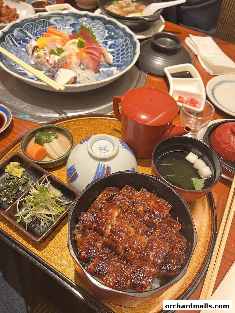 A table laden with delicious Japanese dishes, including sashimi, unagi donburi, and soup.