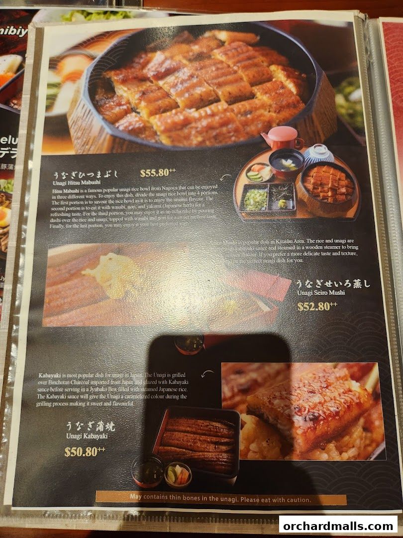 A menu page showcasing three different unagi (eel) dishes with descriptions and prices.