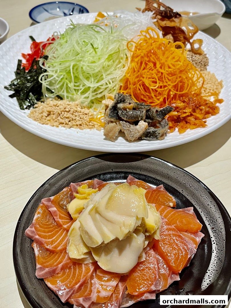 Two plates of food, one with raw salmon and abalone, the other with shredded vegetables and crispy toppings.