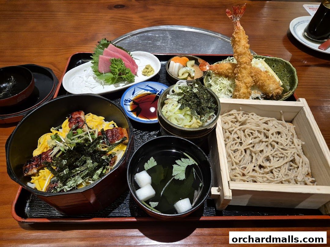 A Japanese meal set featuring unagi donburi, sashimi, tempura, soba noodles, and soup.