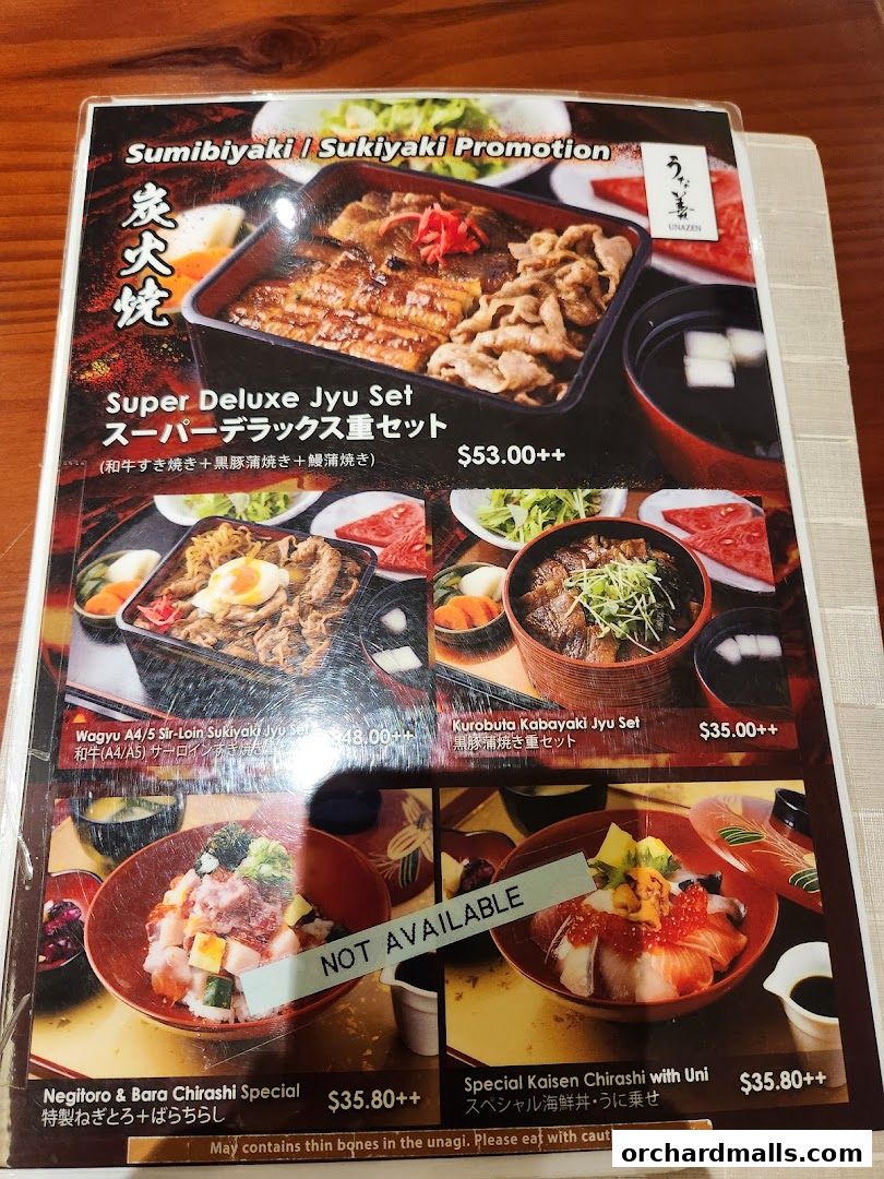 A menu from Unazen featuring Sumibiyaki and Sukiyaki promotions with various Jyu sets.