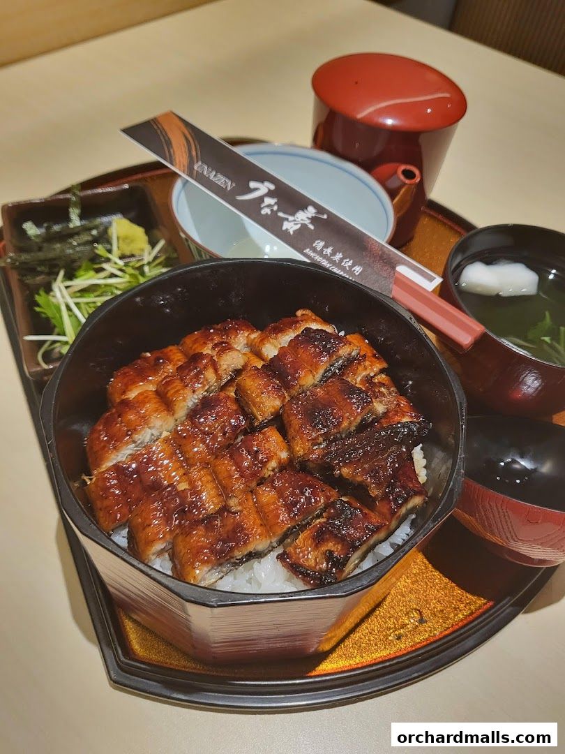 A delicious Unazen eel dish served with rice, soup, and side dishes.