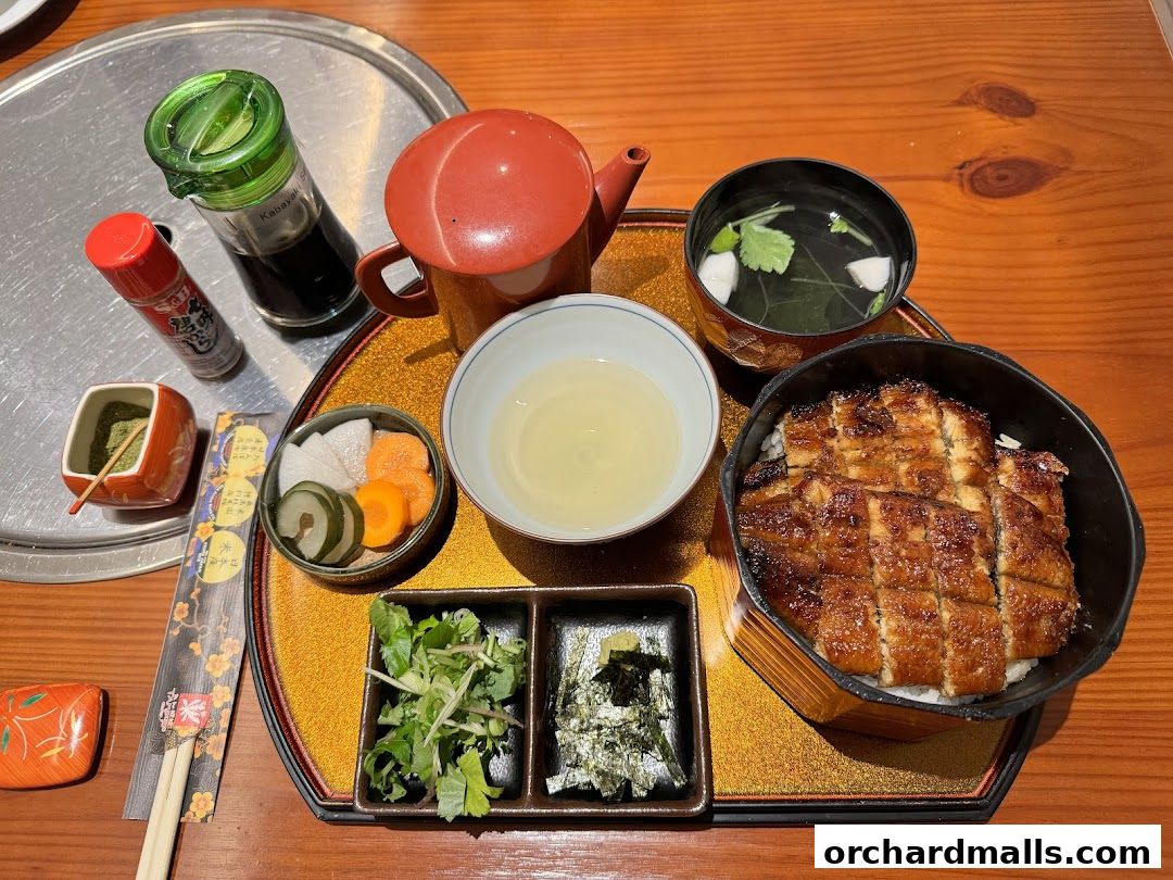 A delicious Unazen eel dish served with soup, pickles, and tea.