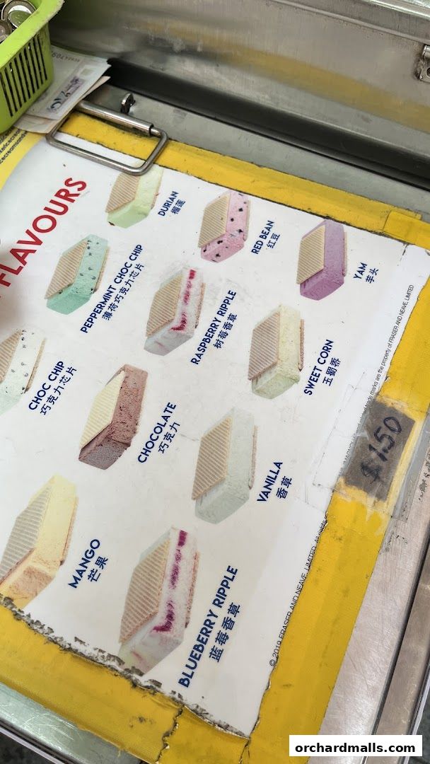 A menu displaying various wafer ice cream flavors with images and prices.