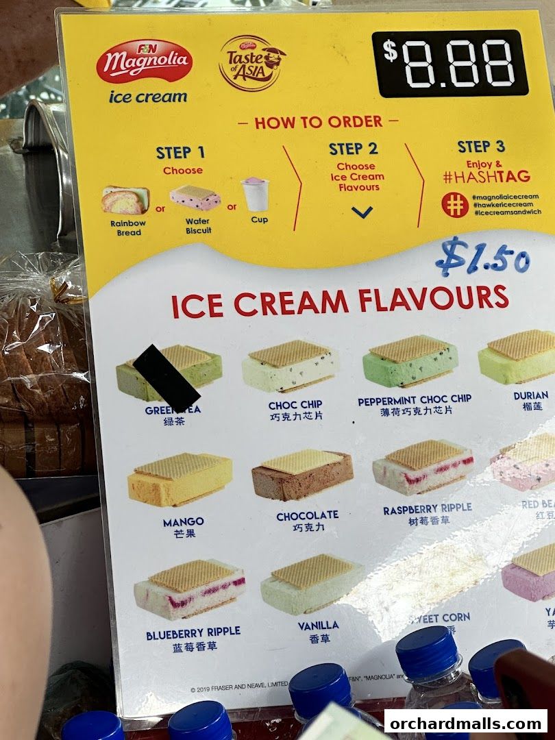 A menu board displaying various ice cream flavors offered by Uncle Chieng Traditional Wafer Ice Cream.