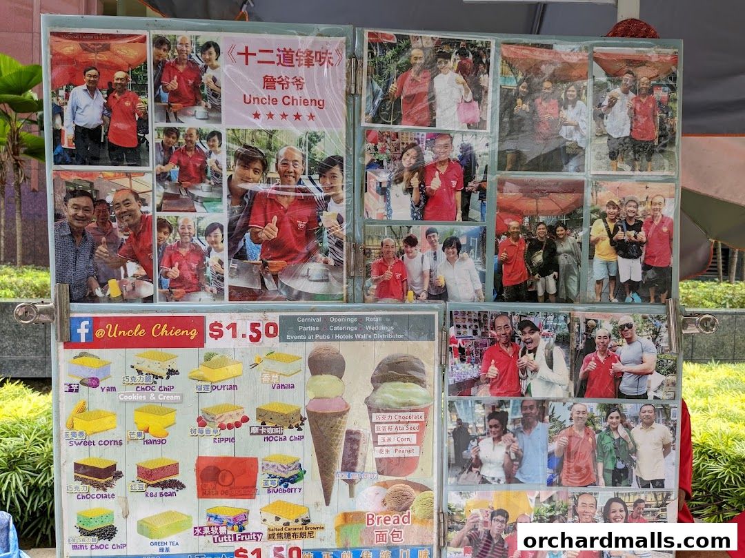 A display board for Uncle Chieng Traditional Wafer Ice Cream with photos and menu items.