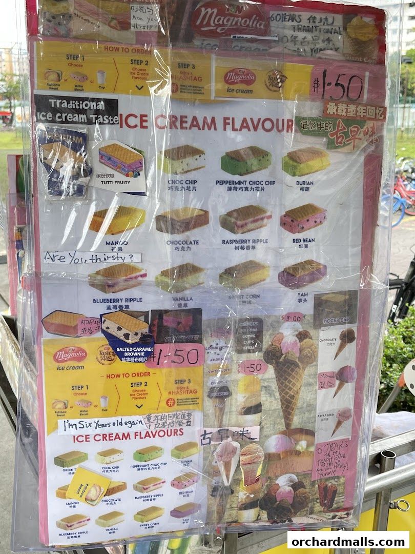 A menu board displaying various ice cream flavors and prices from Uncle Chieng Traditional Wafer Ice Cream.