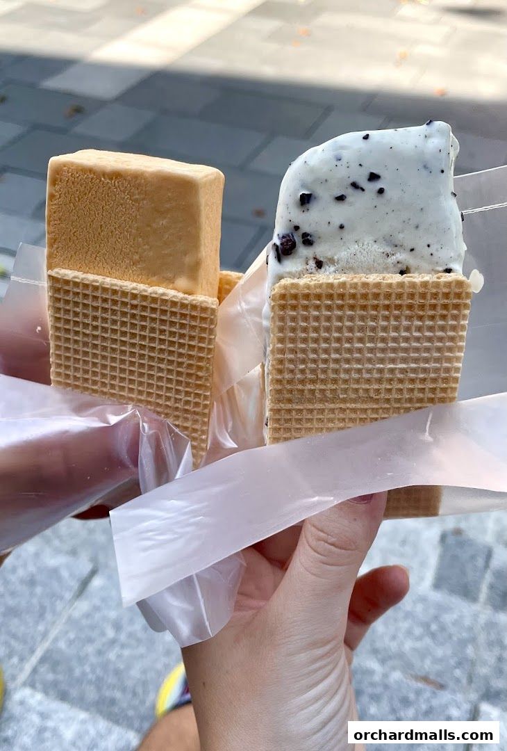 Two wafer ice creams, one plain and one with cookie pieces, held in hands.