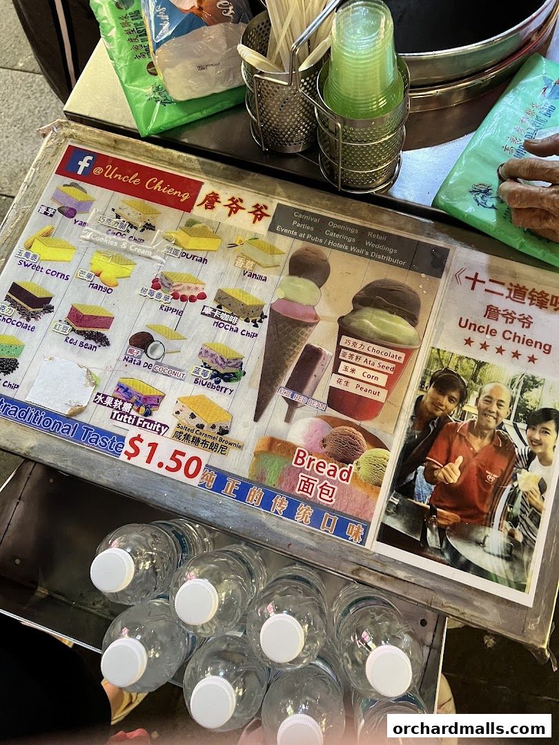 A menu board for Uncle Chieng Traditional Wafer Ice Cream with various flavors and prices.