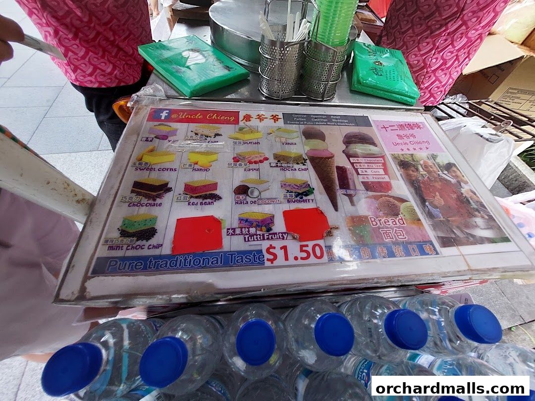 A menu board for Uncle Chieng Traditional Wafer Ice Cream with various flavors and prices.