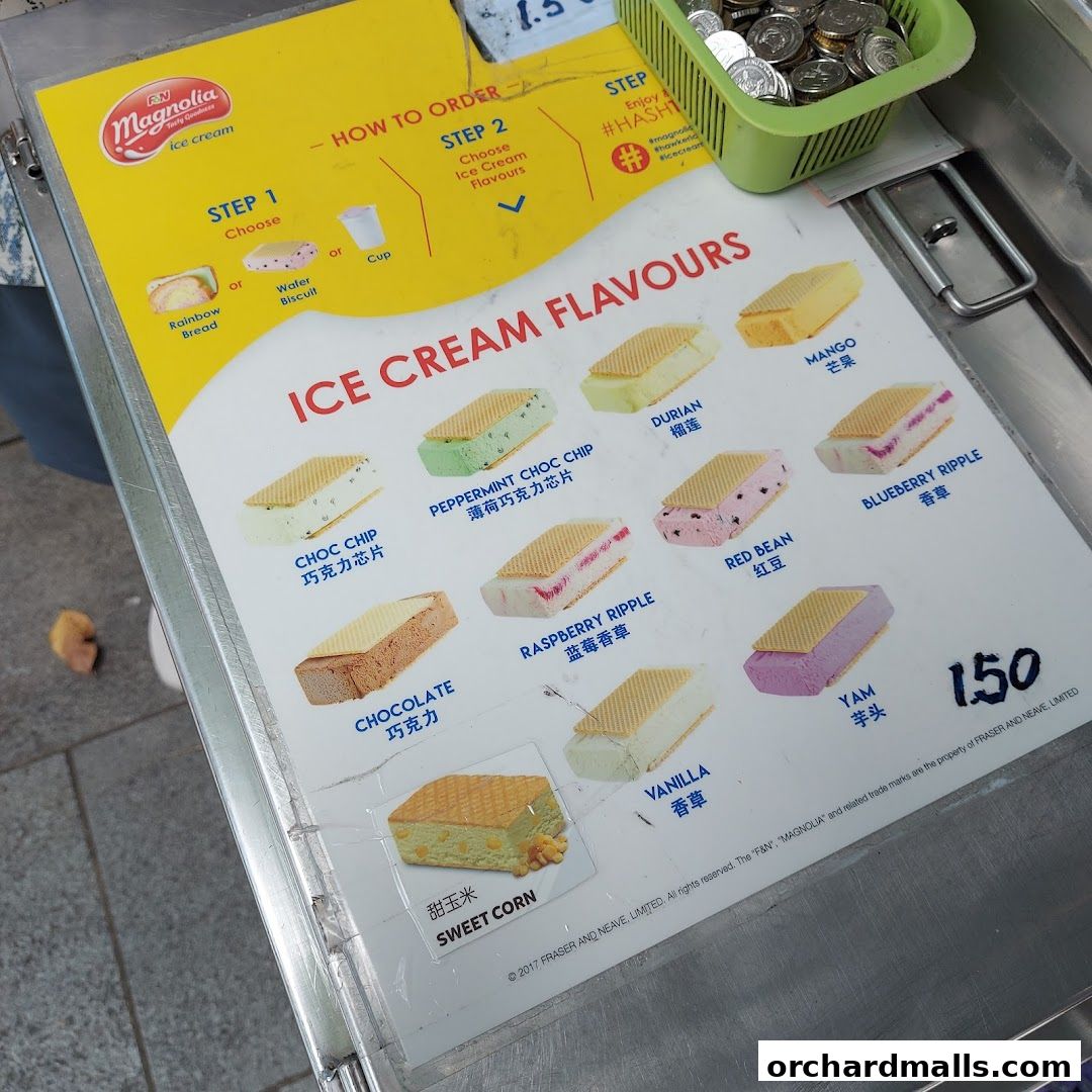 A menu displaying various ice cream wafer flavors from Magnolia.