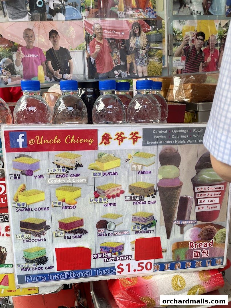 A menu board for Uncle Chieng Traditional Wafer Ice Cream with various flavors and prices.