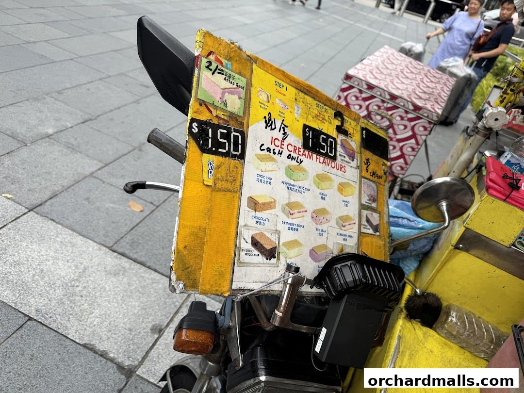 A close-up of a weathered menu board displaying various ice cream wafer flavors and prices.