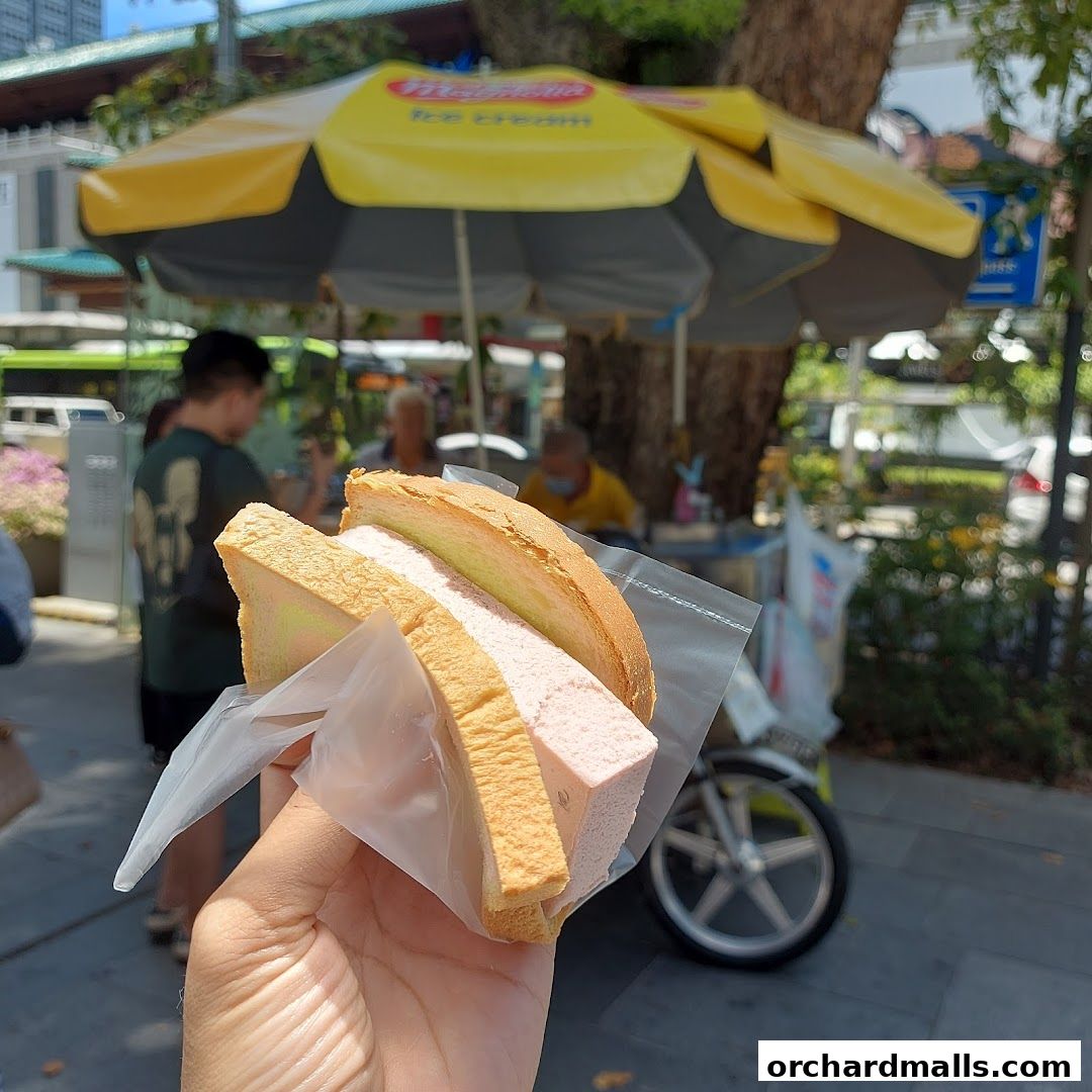 A hand holds a traditional wafer ice cream sandwich from a street vendor.