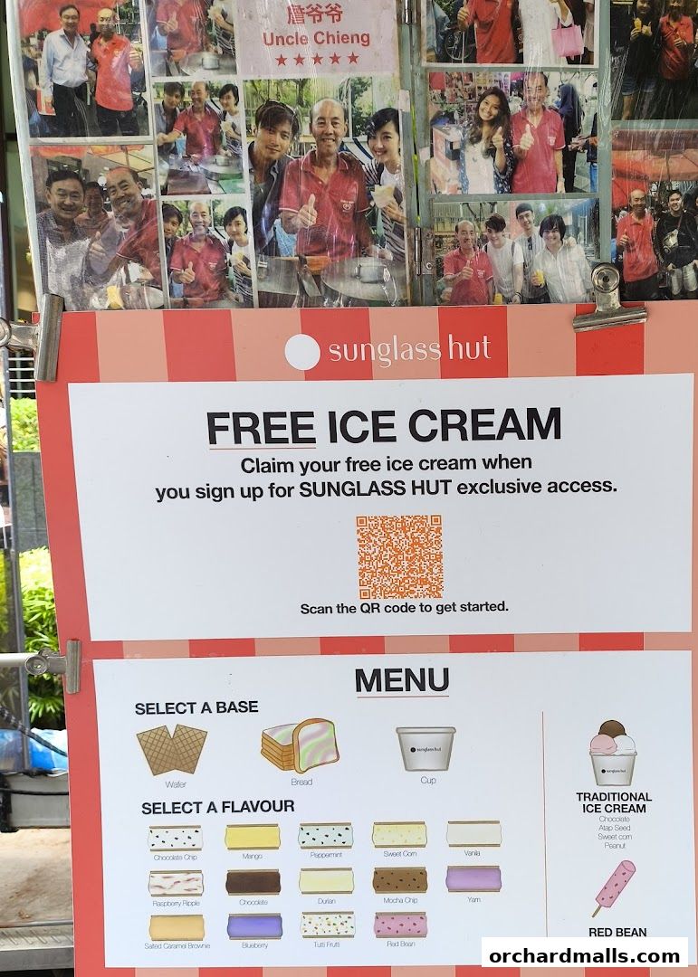 A menu board for Uncle Chieng Traditional Wafer Ice Cream with various flavors and bases.
