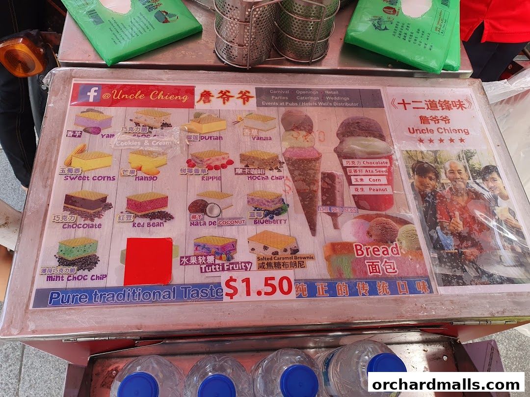 A menu board for Uncle Chieng Traditional Wafer Ice Cream with various flavors and prices.