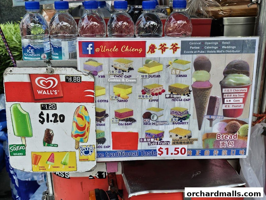 A colorful menu board for Uncle Chieng Traditional Wafer Ice Cream, showcasing various flavors and ice cream products.