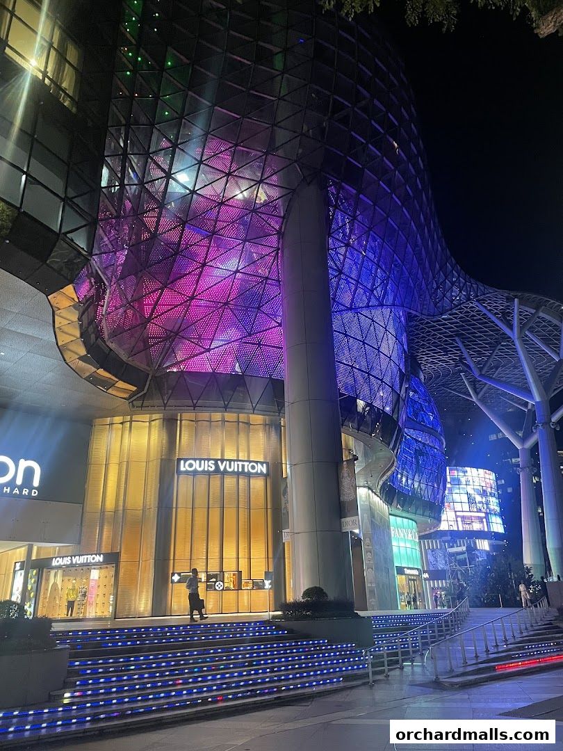 A modern building with Louis Vuitton and other luxury stores, illuminated at night.
