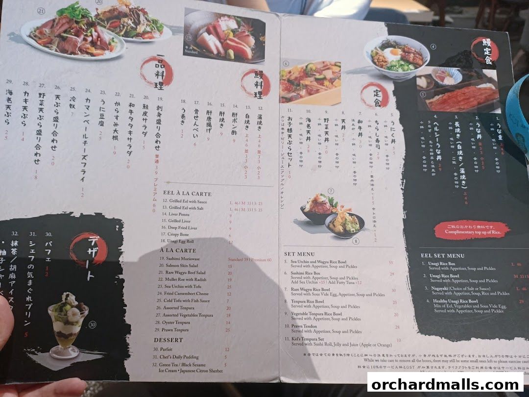 A menu from UYA Unagi Singapore Wheelock featuring various eel dishes, set menus, and desserts.