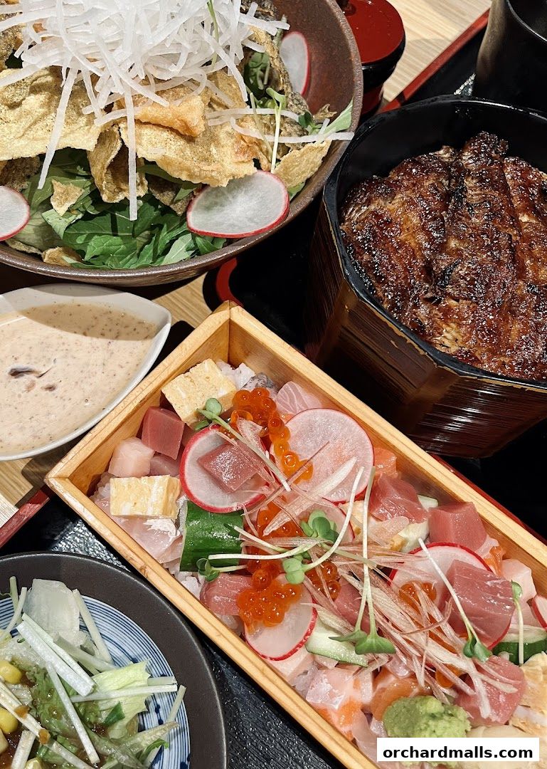 A close-up of various Japanese dishes, including chirashi sushi, unagi, and a salad.