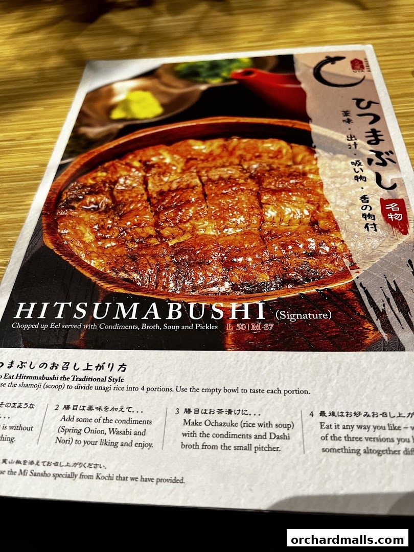 A menu featuring Hitsumabushi, a signature dish of chopped eel with accompaniments.