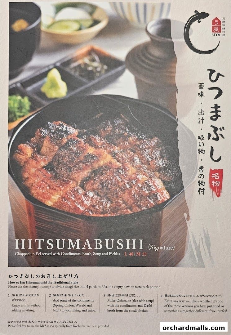 A close-up of a signature Hitsumabushi dish with instructions on how to eat it.