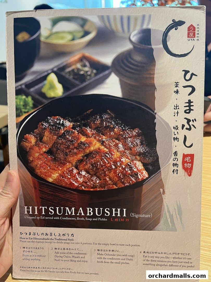 A menu featuring Hitsumabushi, a signature chopped eel dish with condiments, broth, soup, and pickles.