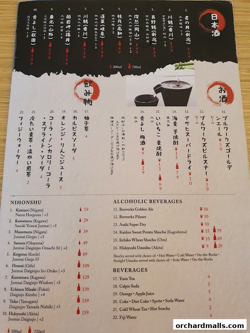 A menu featuring Japanese sake, alcoholic beverages, and other drinks with prices.
