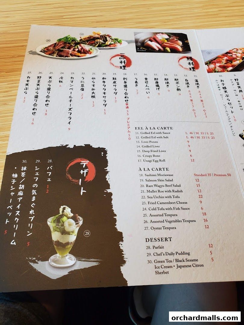 A menu from UYA Unagi Singapore Wheelock featuring eel dishes, appetizers, and desserts.